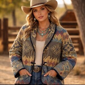 Vintage Tapestry Jacket Women’s L Colorful Relaxed Southwestern Western Cotton